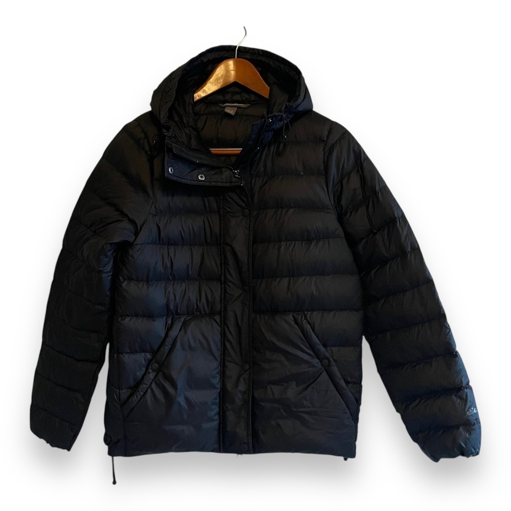 Eddie Bauer EB650 Down Puffer Jacket Women's Small Black Hooded CirrusLite